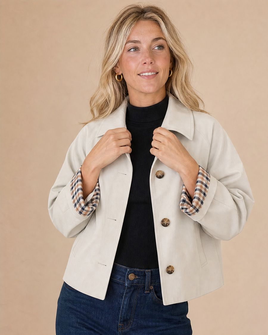 Bandalini Olivia women's cropped shacket jacket in neutral fabric, featuring a button-up front and stylish collar detail.
