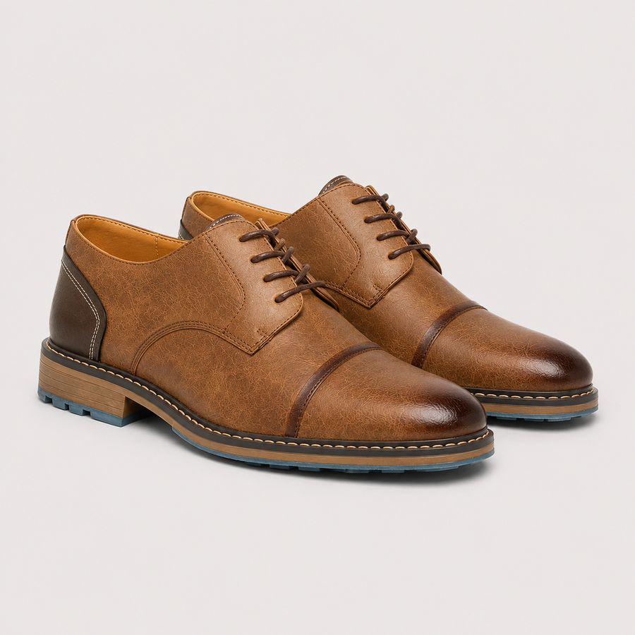 Men's Leather Look Derby Shoes Comfortable Classic Cap Toe - Brown