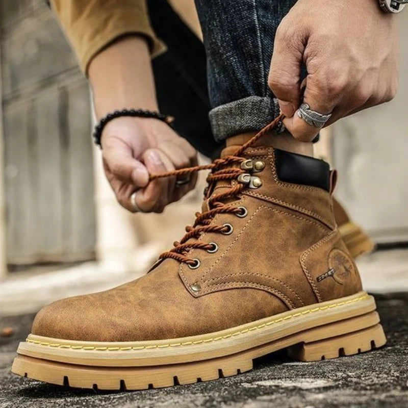 Men's Bandalini high top casual work boots in leather with lace-up design and slip-resistant sole, suitable for work and casual wear.