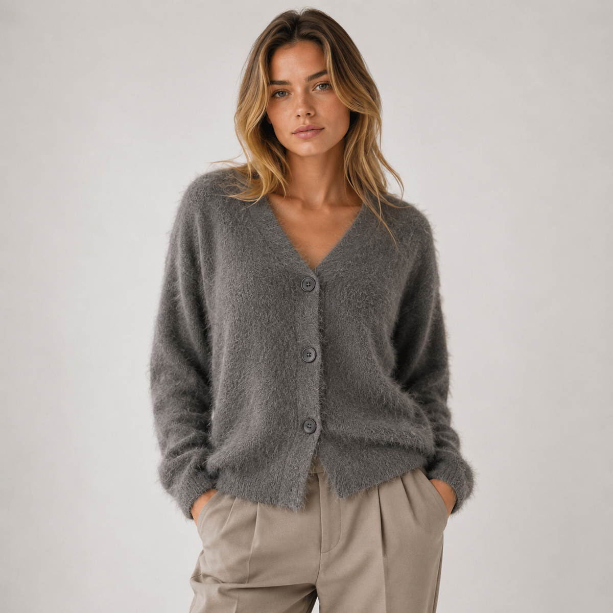 Women's longline knit cardigan styled over a turtleneck
