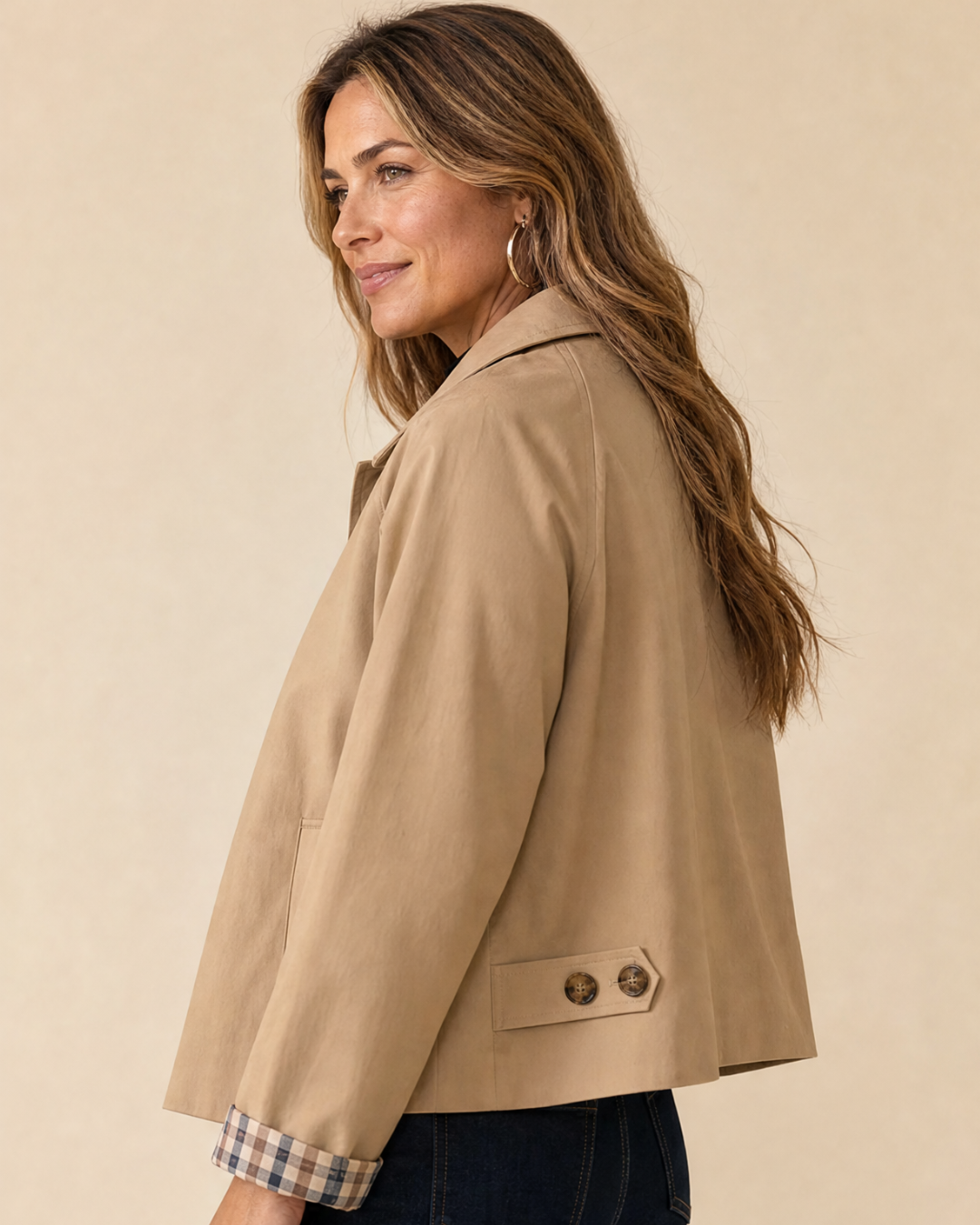 Bandalini Olivia women's cropped shacket jacket displayed in a stylish, lightweight design with buttons and a relaxed fit.