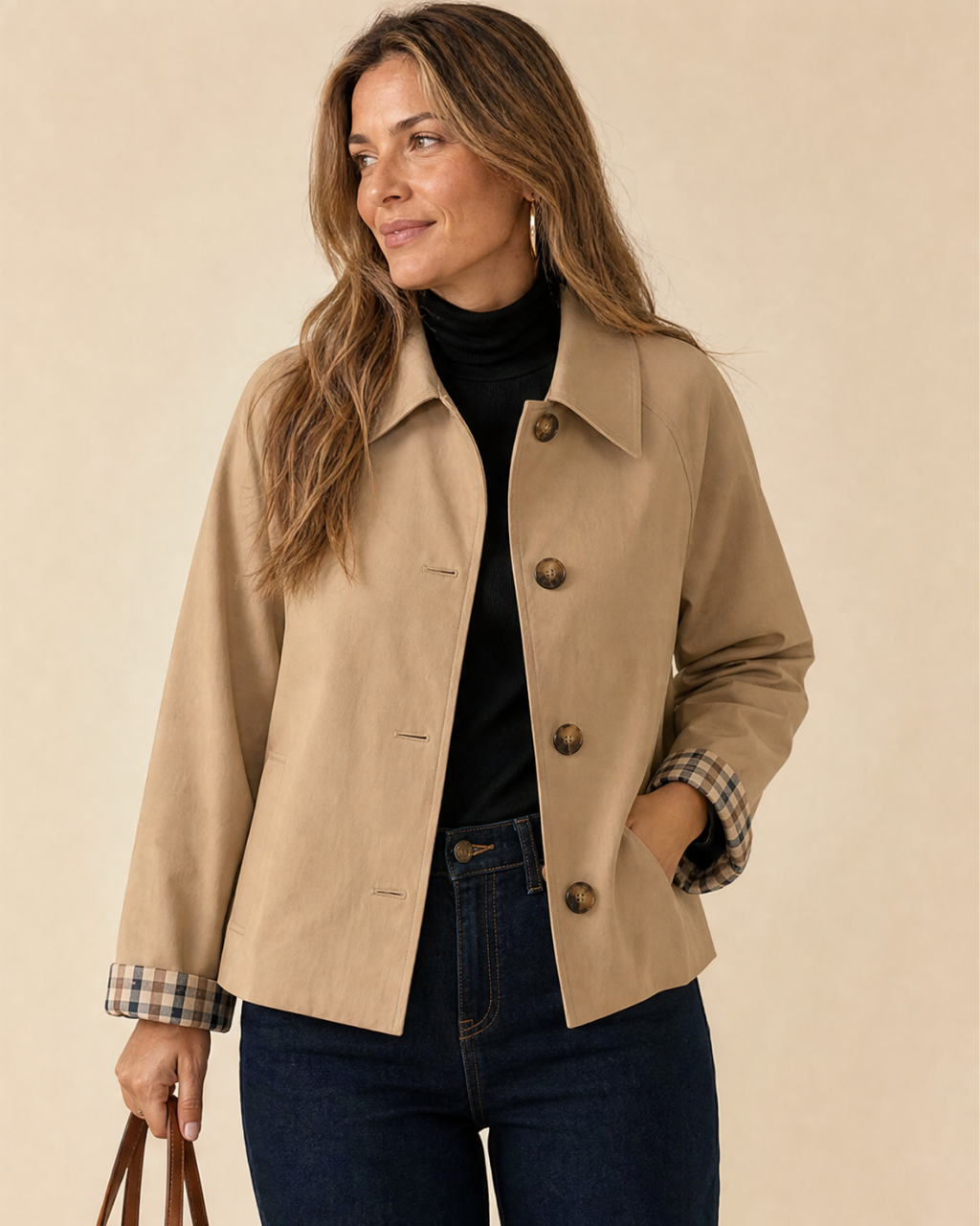 Bandalini Olivia women's cropped shacket jacket in neutral fabric, styled with long sleeves and a button front.