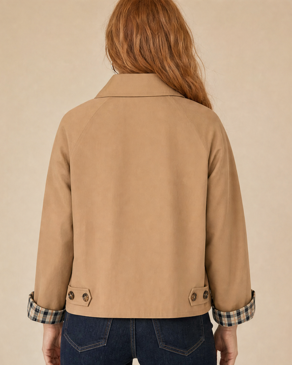 Bandalini Olivia women's cropped shacket jacket with long sleeves and button closure, styled on a model.