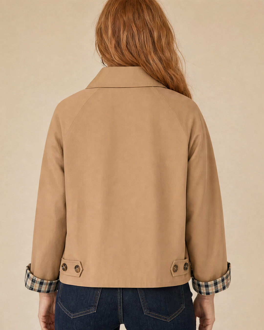 Bandalini Olivia women's cropped shacket jacket with long sleeves and button closure, styled on a model.