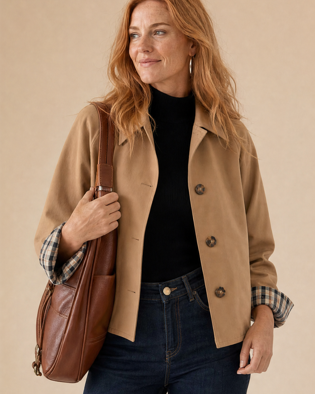 Bandalini Olivia women's cropped shacket jacket in neutral fabric, featuring a relaxed fit and button front design.