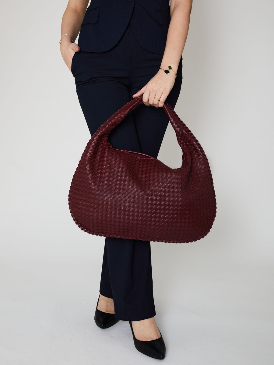 Burgundy round shoulder bag, woven finish - women's everyday bag, Bandalini