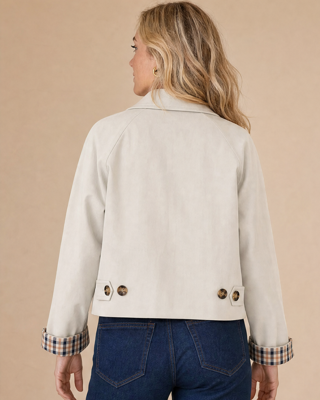 Bandalini Olivia women's cropped shacket jacket in neutral fabric, featuring a relaxed fit and button-front closure.