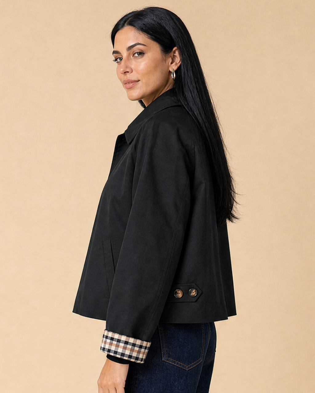 Bandalini Olivia women's cropped shacket jacket in neutral fabric, featuring a relaxed fit and button-front design.