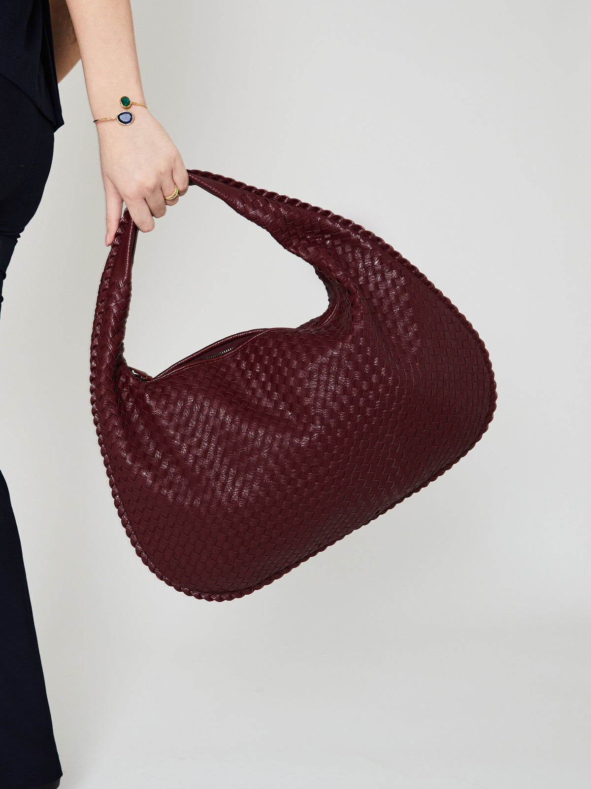 Burgundy round shoulder bag, woven finish - women's everyday bag, Bandalini