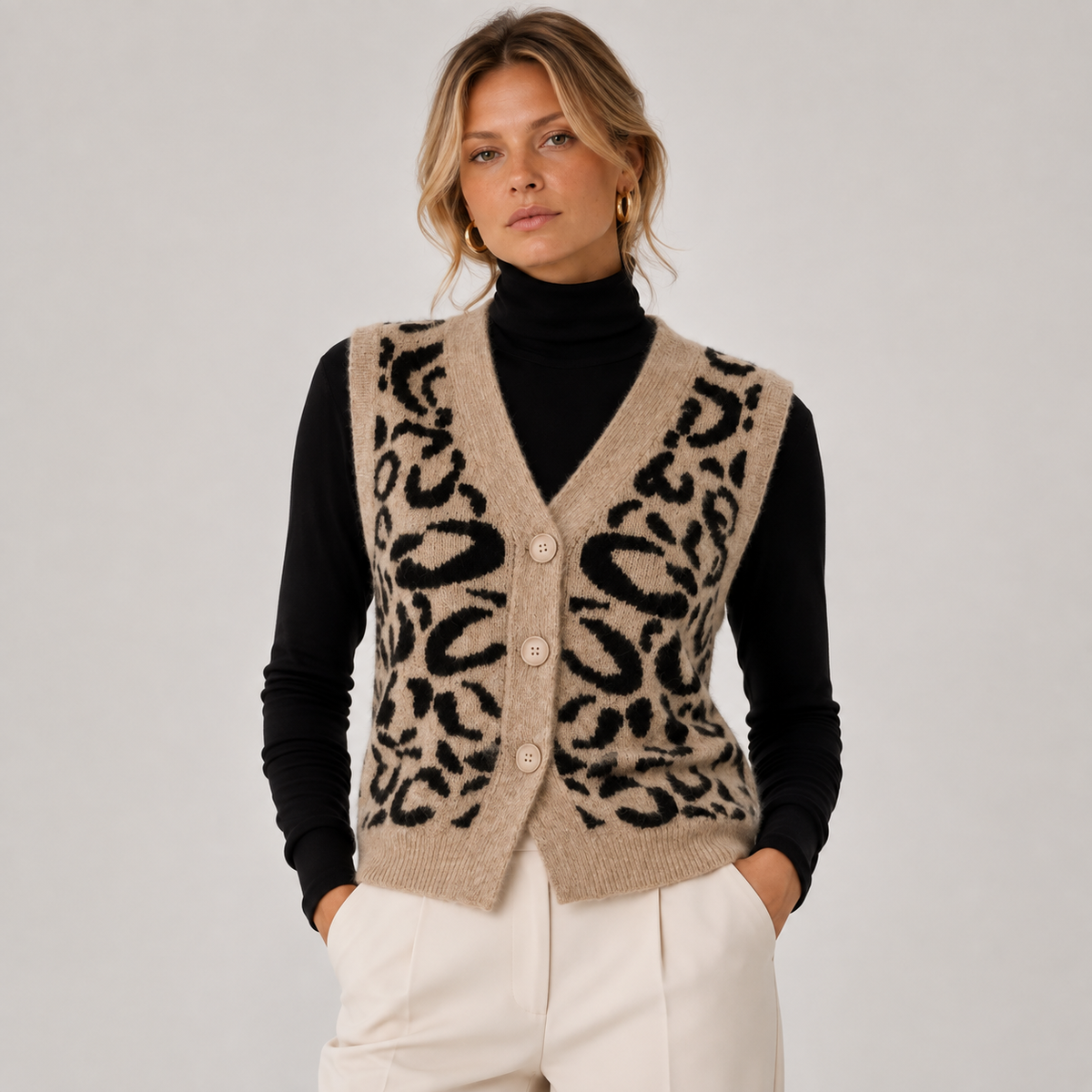 Women’s Leopard Print Sweater Vest Button Front Classic Fit