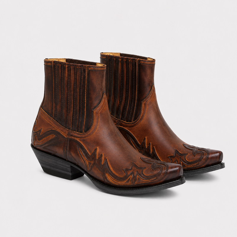 Men's Leather Look Cowboy Boots Comfortable Western Riding Boots - Brown