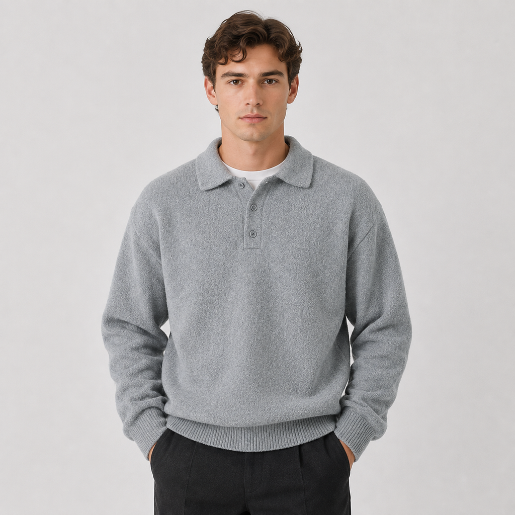 Men's Polo Sweater Warm Knit Classic Long Sleeve Winter Top