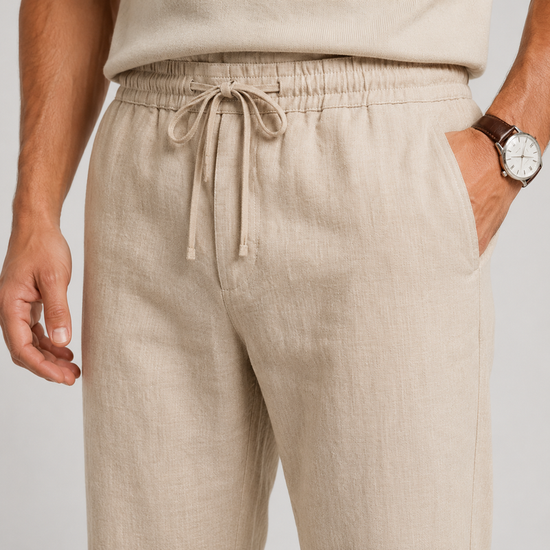 Beige casual pants with elastic drawstring waist - men's relaxed fit trousers, Bandalini