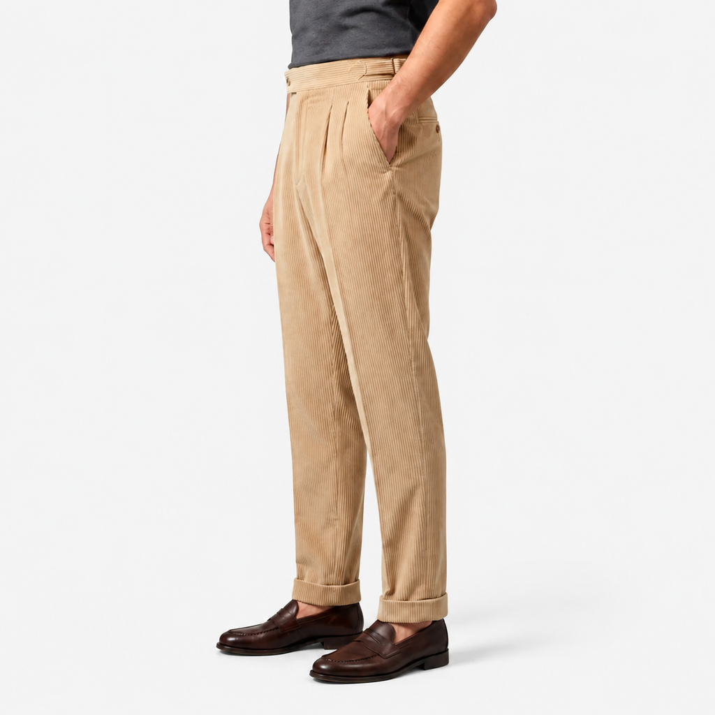Men's Corduroy Pleated Trousers Classic Tailored Comfort Fit