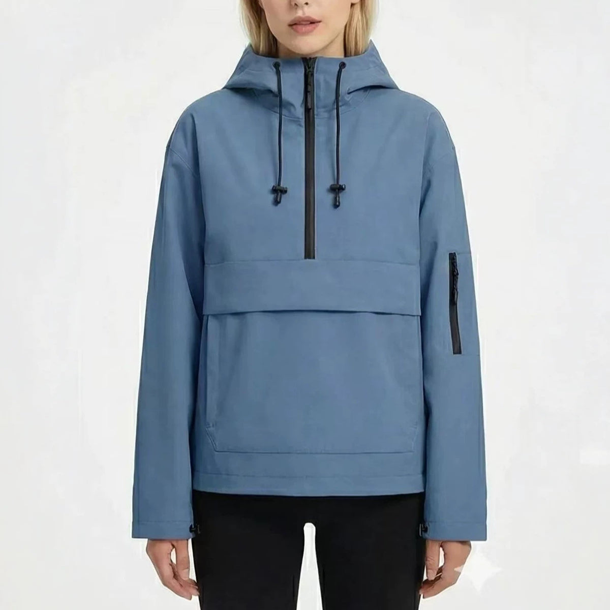Women’s waterproof rain hoodie jacket by Bandalini, windproof rain jacket for women with hood and durable waterproof fabric.