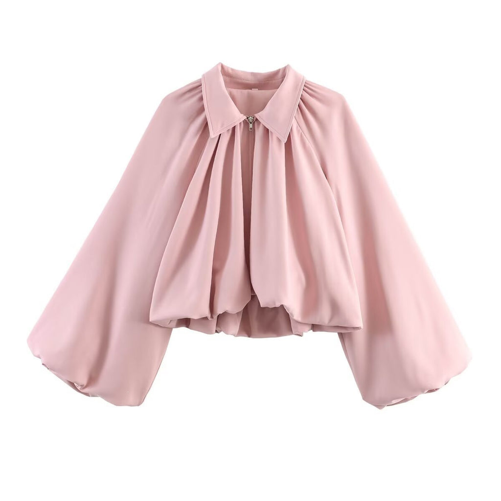 Women’s Bandalini cropped zip-up jacket with lantern sleeves, stylish and lightweight for casual wear.