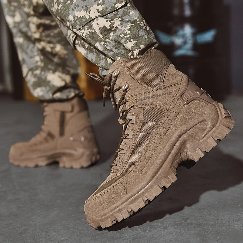 Men's Bandalini faux suede desert combat boots with non-slip rubber soles, featuring rugged design and lace-up style.