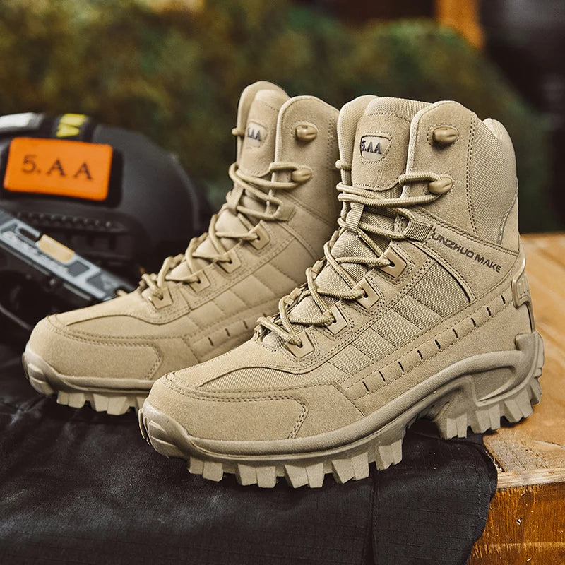 Men's Bandalini faux suede desert combat boots with non-slip rubber soles, featuring rugged design and lace-up closure.