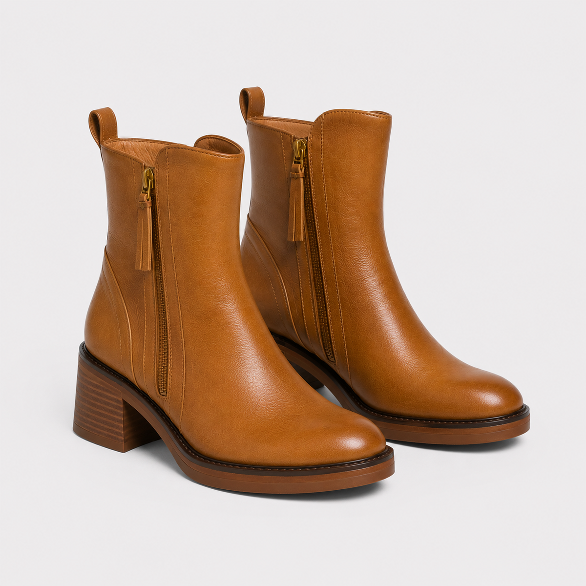 Women's Side Zip Leather Look Ankle Boots Classic Mid Heel Booties