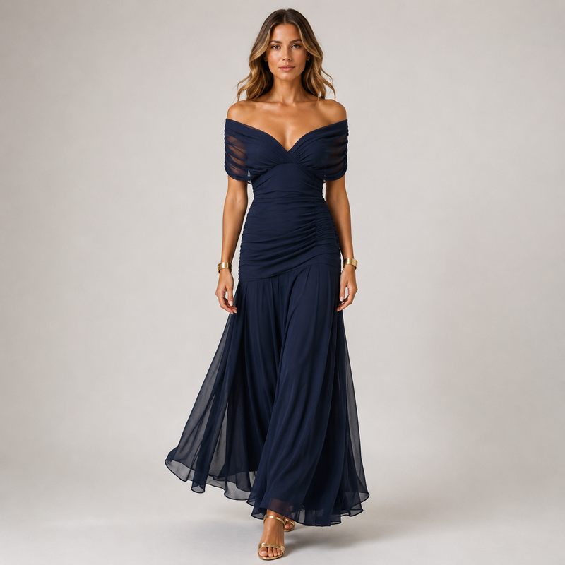 Women's Maxi Dress Viscose Chiffon Elegant Flowing Fit - Navy