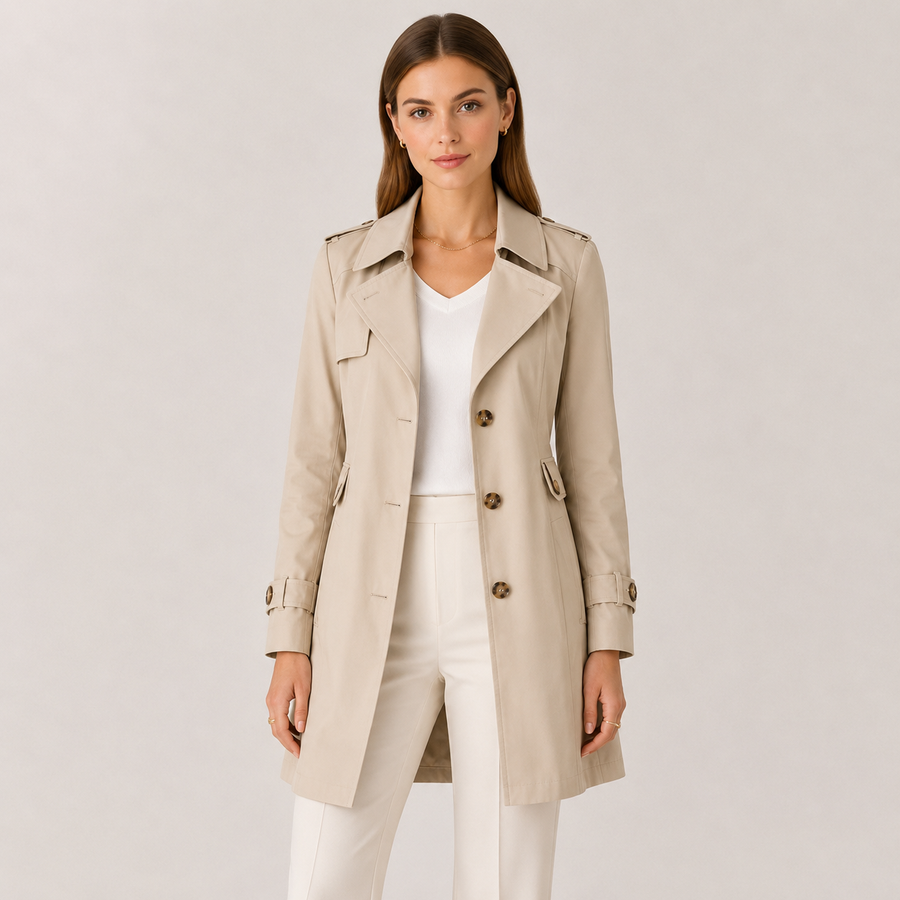 Women's Bandalini trench coat with classic collar, lightweight design, shown on a model in a neutral setting.