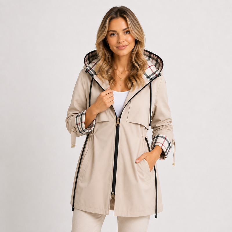 Women's Bandalini hooded long jacket with adjustable waist, designed for warmth and comfort in a stylish, full-length coat.