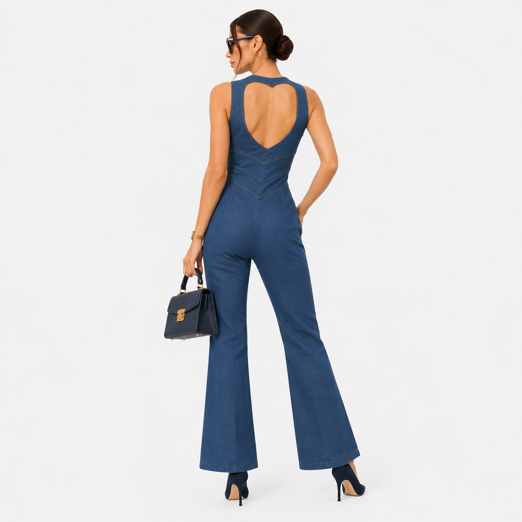 Women's Denim Jumpsuit Zip Front Flared Wide Leg One Piece