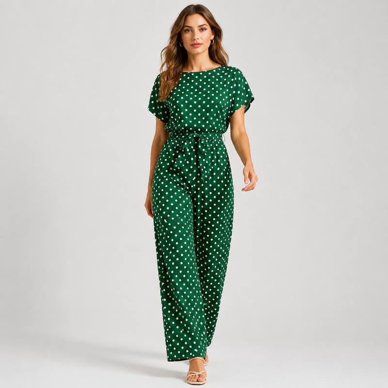 Women's Polka Dot Jumpsuit Wide Leg Casual Formal Outfit - Green