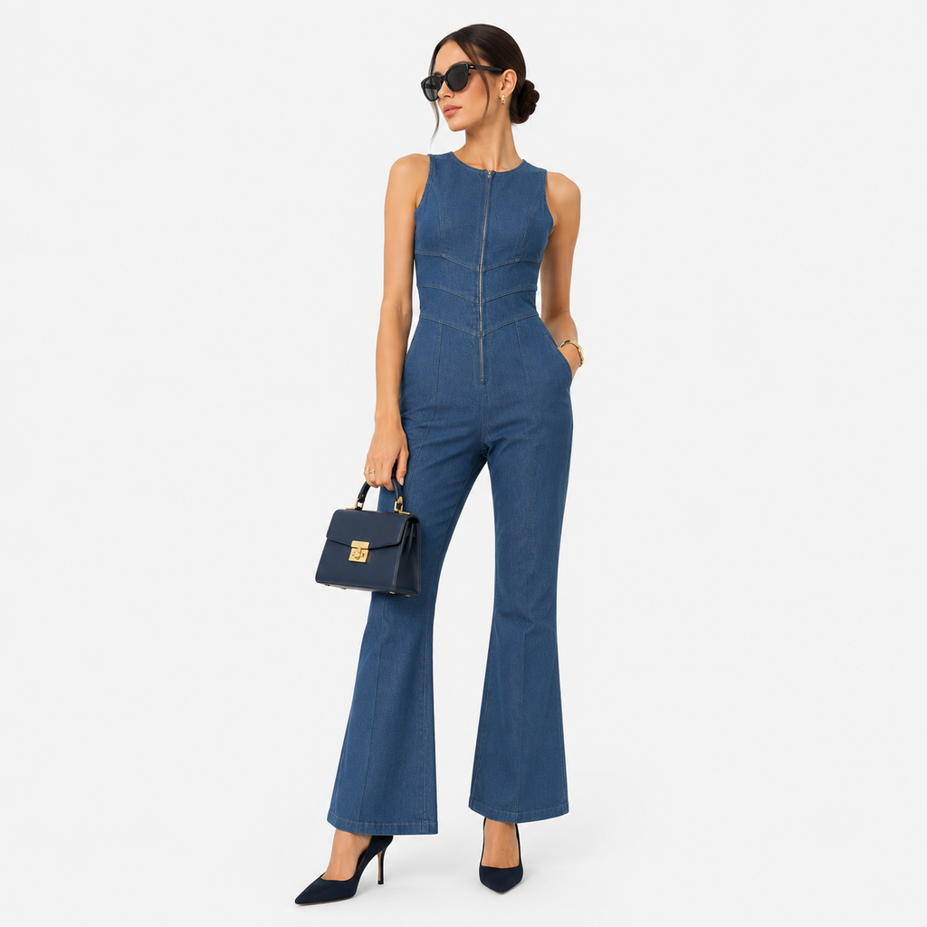 Women's Denim Jumpsuit Zip Front Flared Wide Leg One Piece