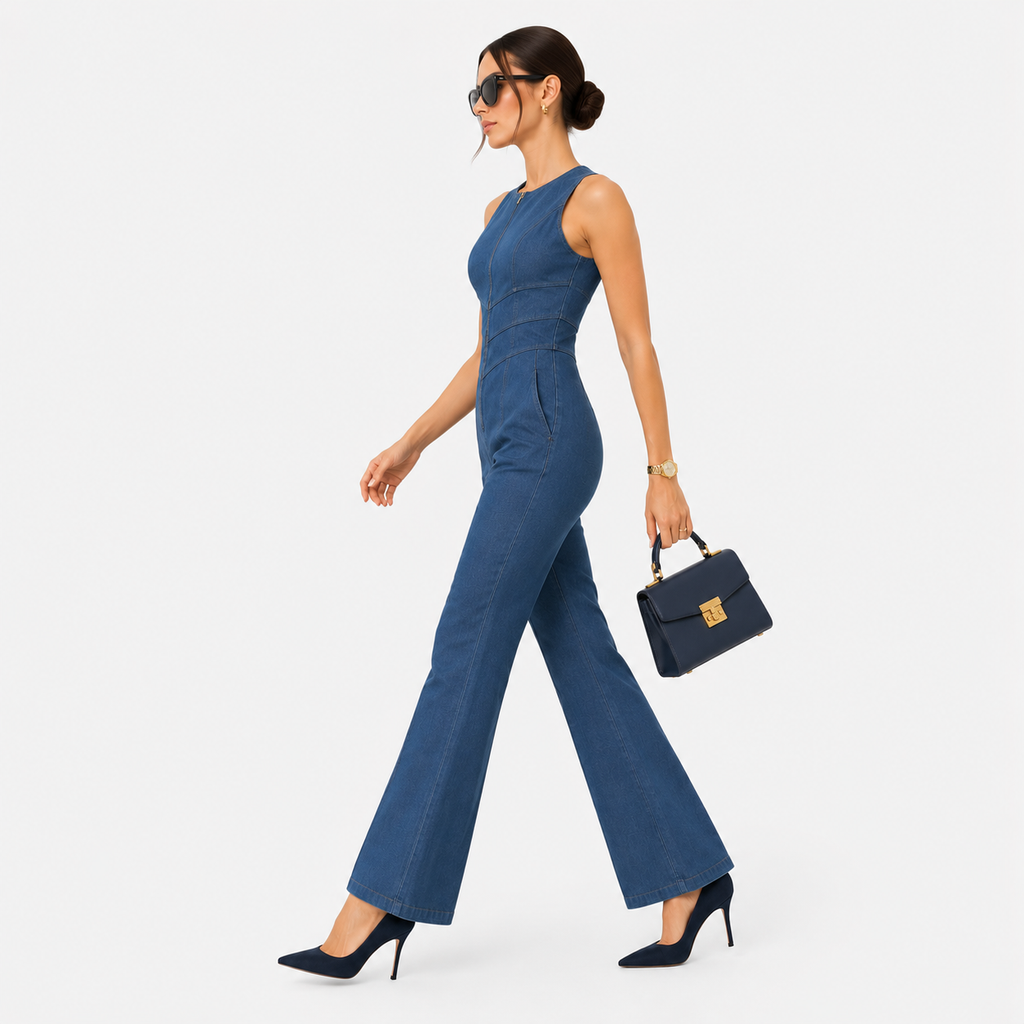 Women's Denim Jumpsuit Zip Front Flared Wide Leg One Piece