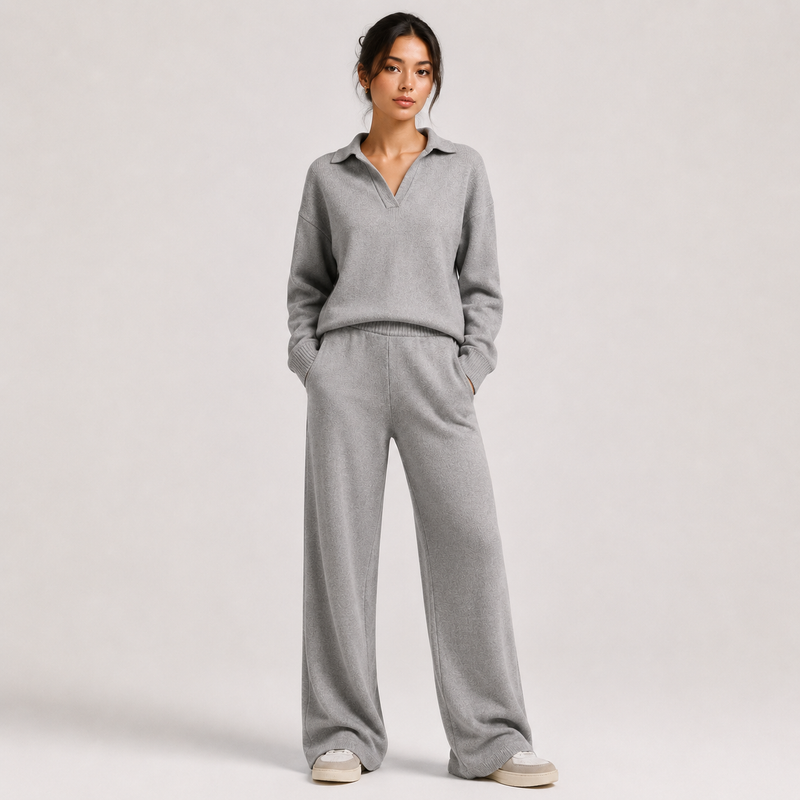 Women's Classic Two Piece Set Polo Sweater Wide Leg Pants - Gray