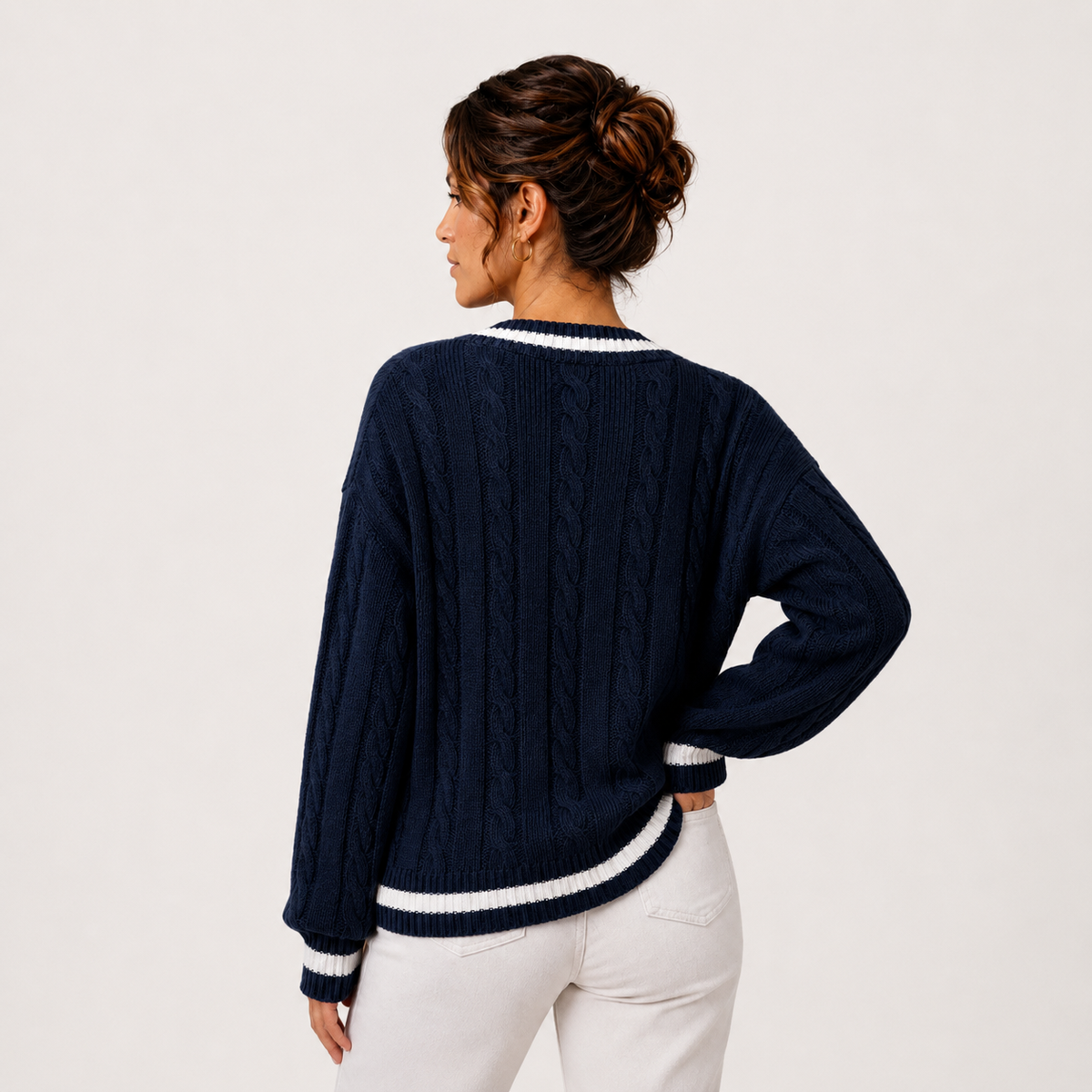 Women’s Cable Knit Sweater V-Neck Long Sleeve Pullover