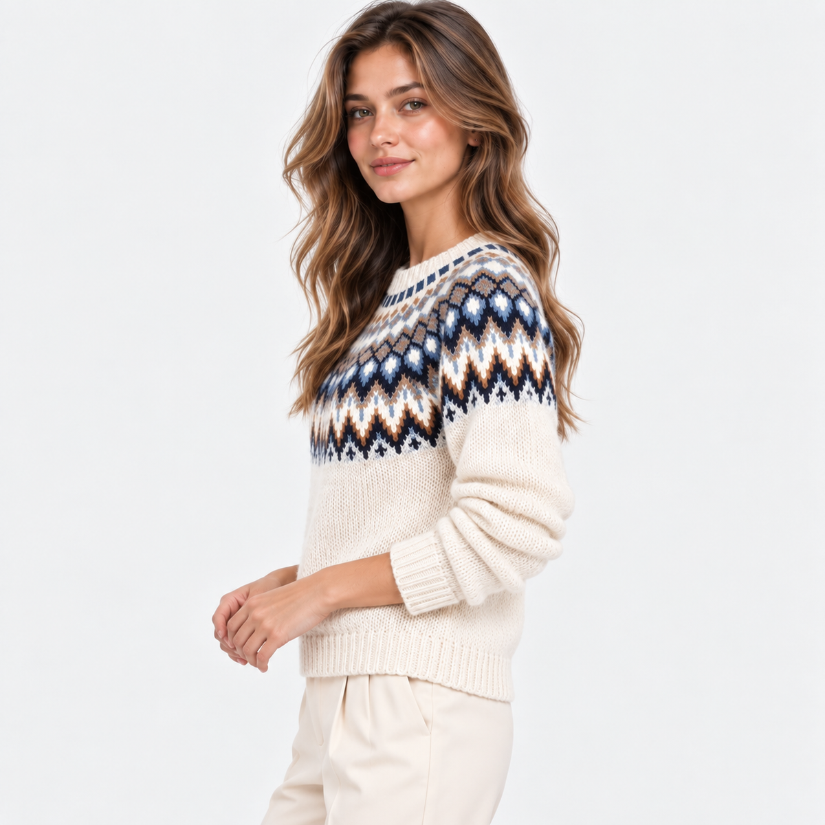 Women’s Fair Isle Sweater Nordic Pattern Crew Neck Knit