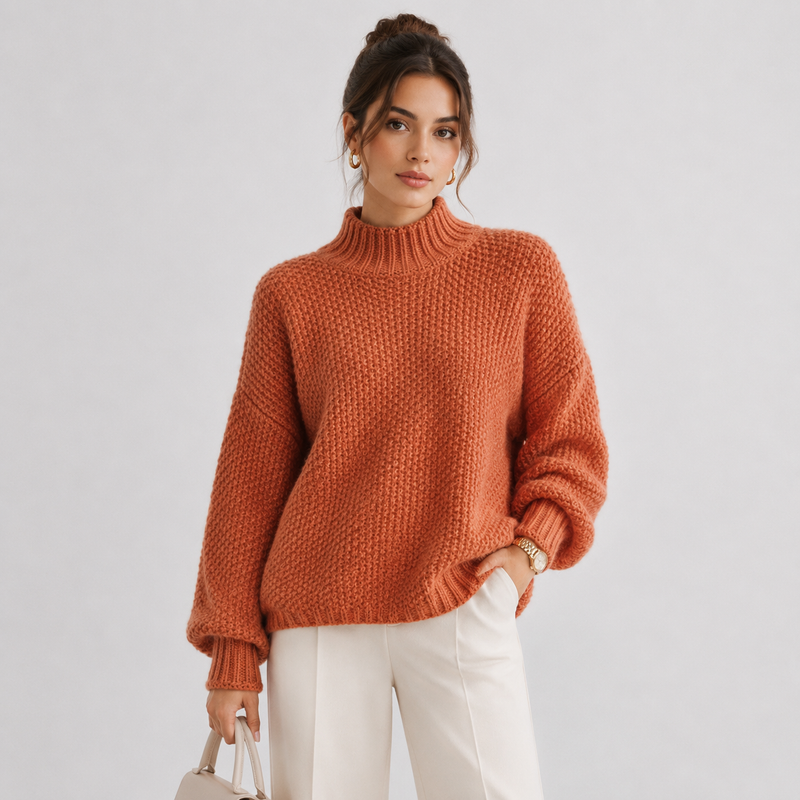 Women's Relaxed Sweater Comfortable Long Sleeve Knitwear - Orange