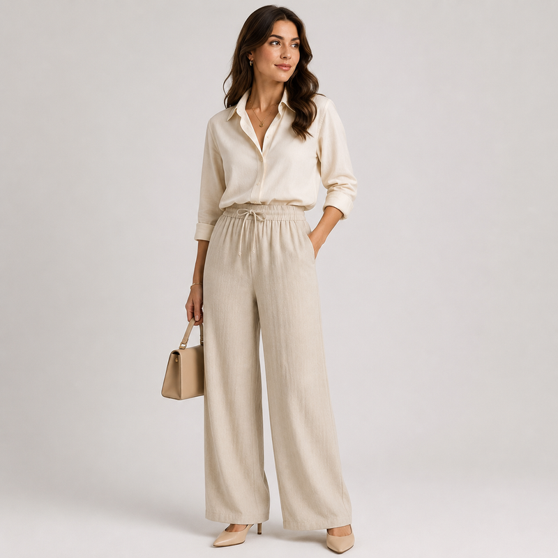 Beige wide-leg pants, elastic waist linen look - women's trousers, Bandalini