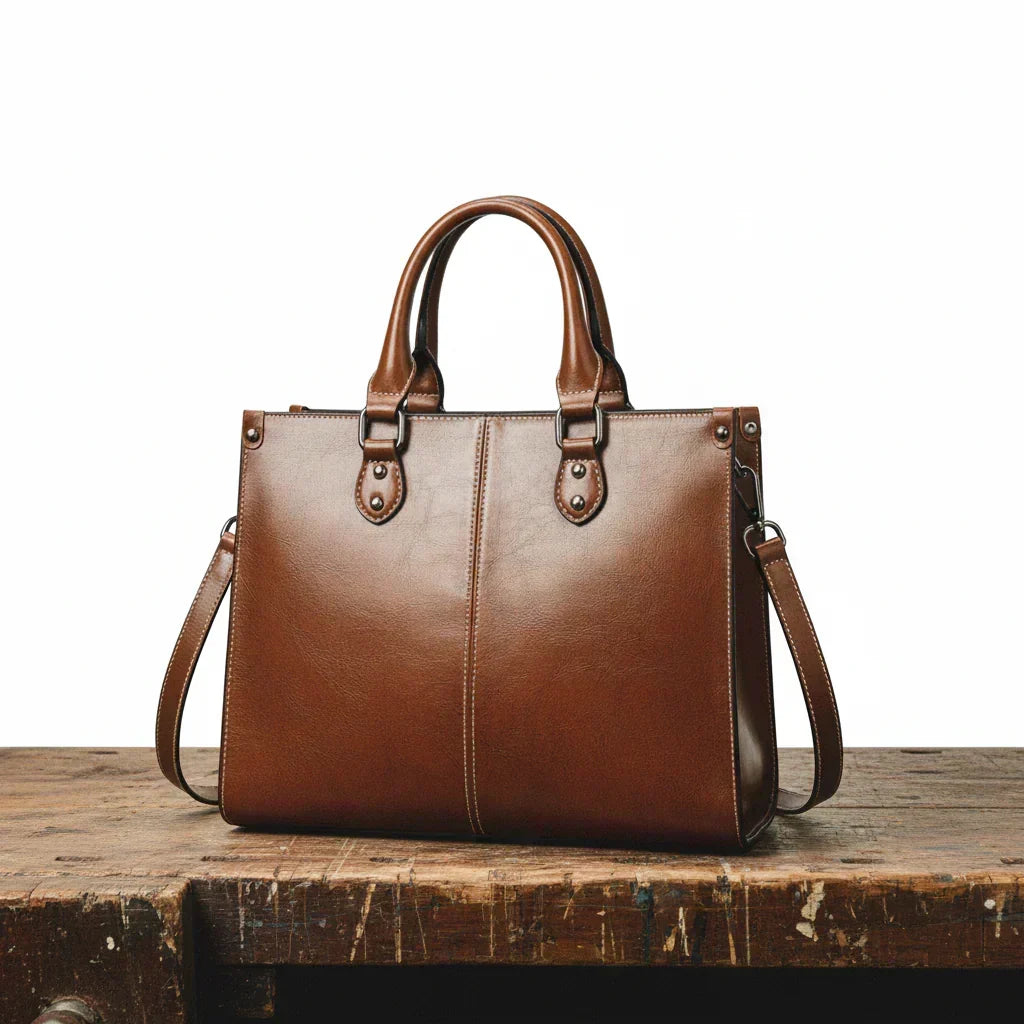 Black structured leather tote, top handles and shoulder strap - women's handbag, Bandalini