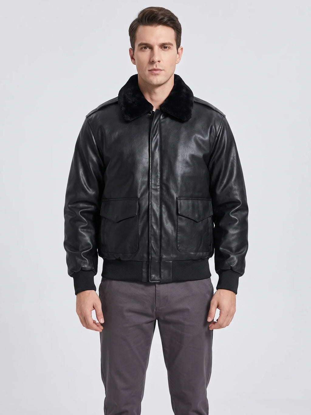 Men's black leather padded A-2 flight bomber jacket by Bandalini, featuring a classic winter design with a sleek, stylish look.
