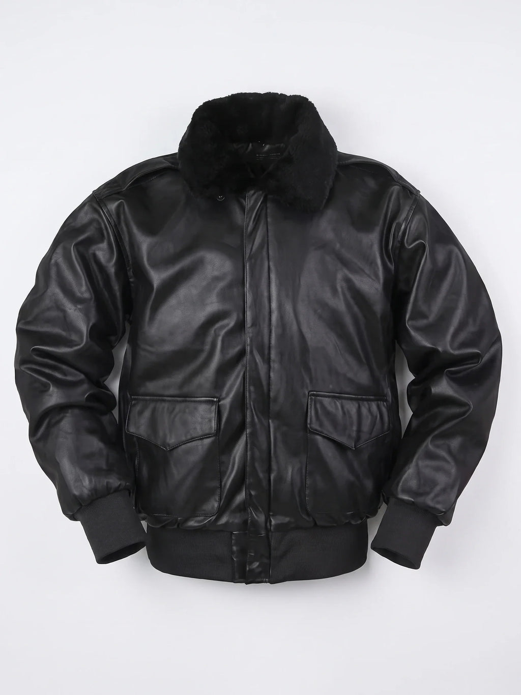 Men's black leather padded A-2 flight bomber jacket by Bandalini, laid flat, showcasing the winter-ready design and classic style.