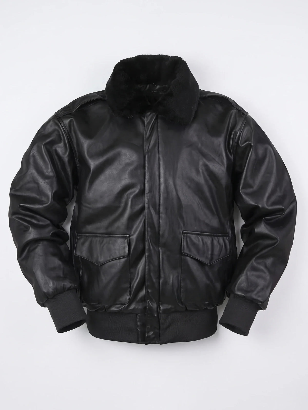 Men's black leather padded A-2 flight bomber jacket by Bandalini, laid flat, showcasing the winter-ready design and classic style.
