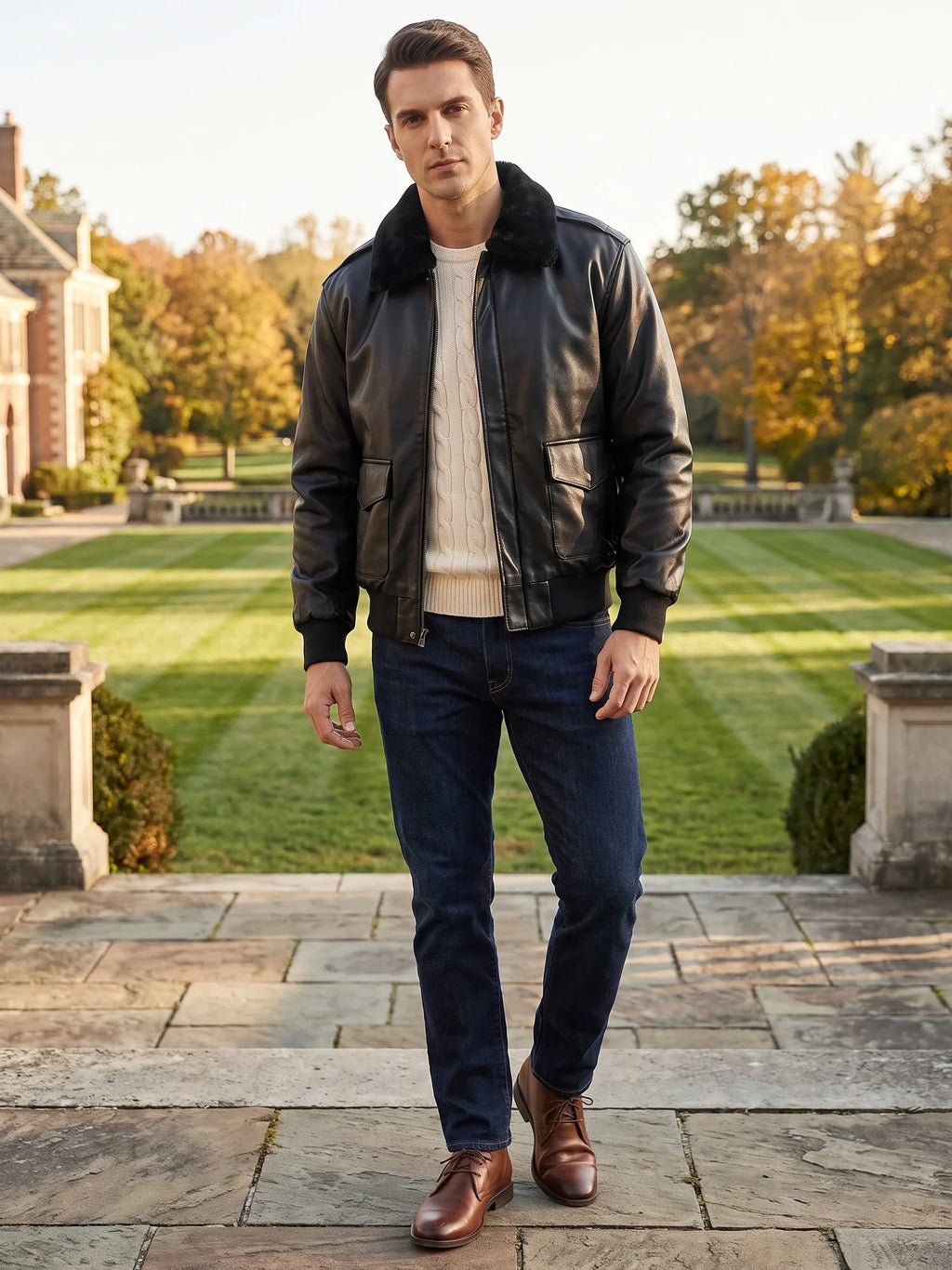 Men's black leather padded A-2 flight bomber jacket by Bandalini, stylish winter men's jacket with a sleek leather finish.