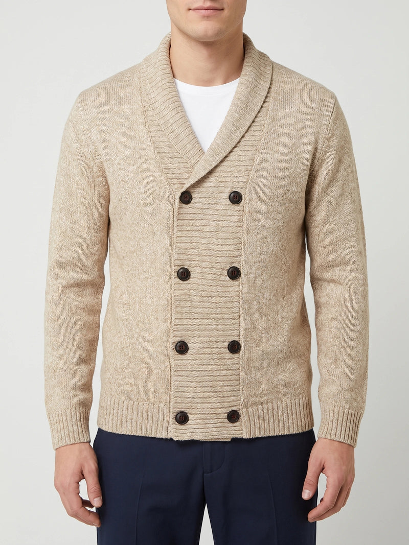 Beige men's cardigan sweater by Bandalini with double-button open front, knit design, perfect for fall and winter casual wear.