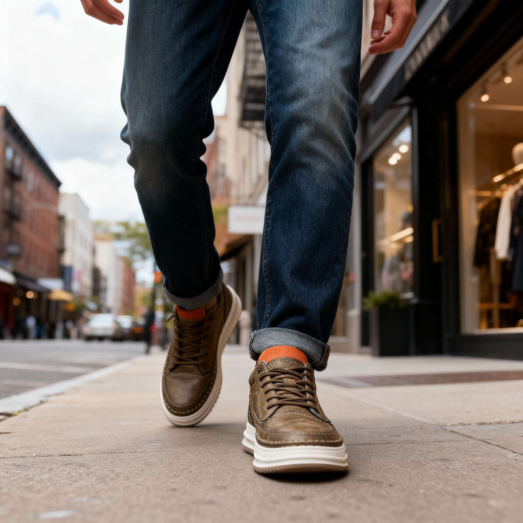 Men's textured leather casual sneakers by Bandalini with padded collar and cushioned insole, shown in a stylish urban setting.
