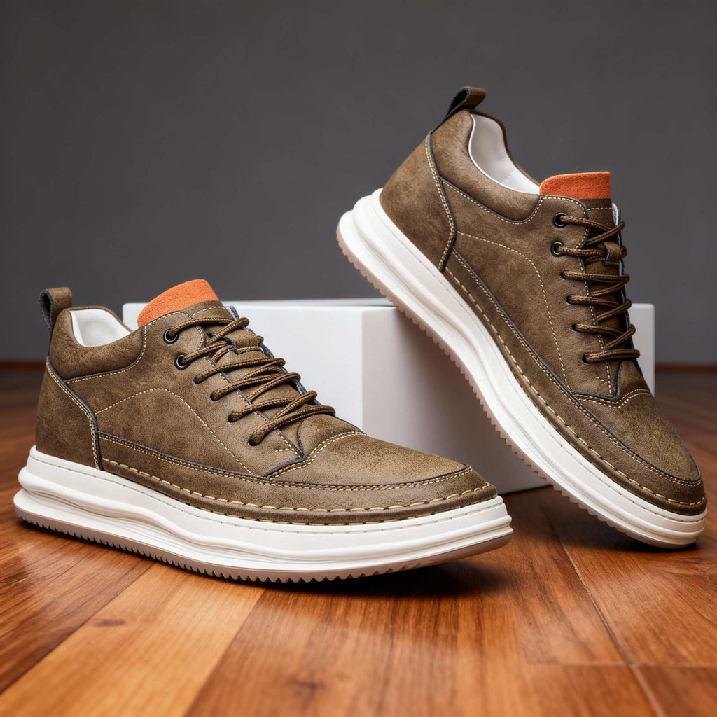 Men's textured leather casual sneakers by Bandalini with padded collar and cushioned insole, close-up view of the stylish shoe.