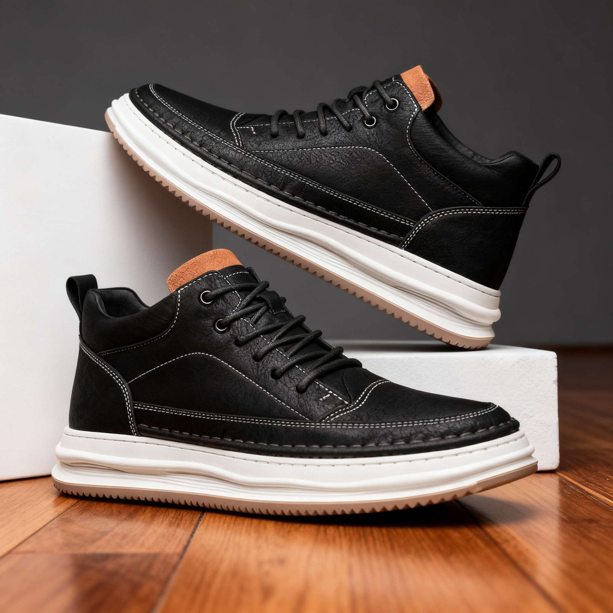 Close-up of Bandalini men's textured leather casual sneakers with padded collar and cushioned insole, showcasing detailed craftsmanship.