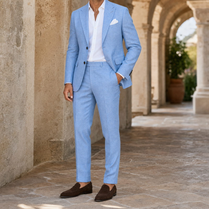 Bandalini men's slim fit linen blend suit featuring a two-button blazer and tapered pants, perfect for stylish formal occasions.